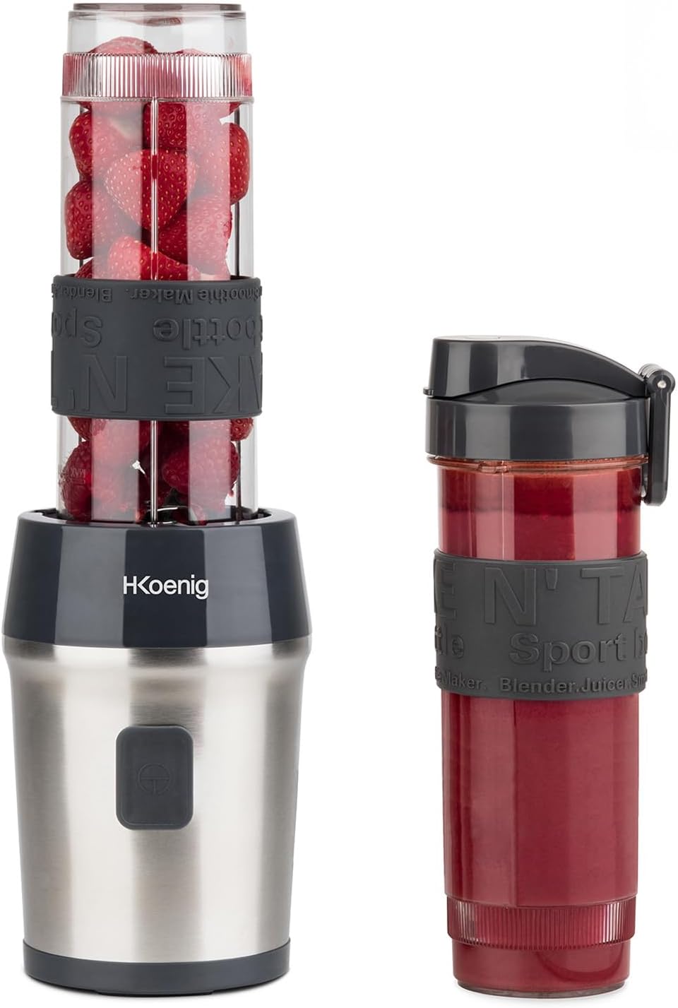 H.Koenig Mini frullatore SMOO9 Smoothie Maker, 570mL, 300W, 4 lame in acciaio inox, senza BPA, 2 bottiglie portatili da viaggio, frullati e frappé, Grigio