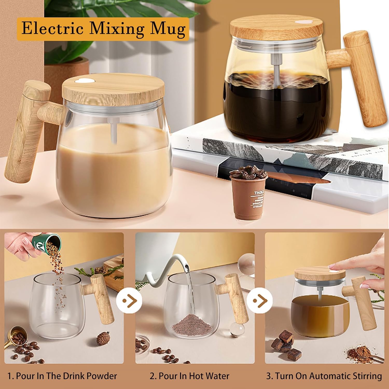Auto Magnetic Mug, Tazza Automescolante Elettrica Tazza da Caffè Self Stirring Tazza Mescolatrice Miscelazione in Vetro Borosilicato Alta Termica Adatto Per Caffè/Latte/Polvere Proteica
