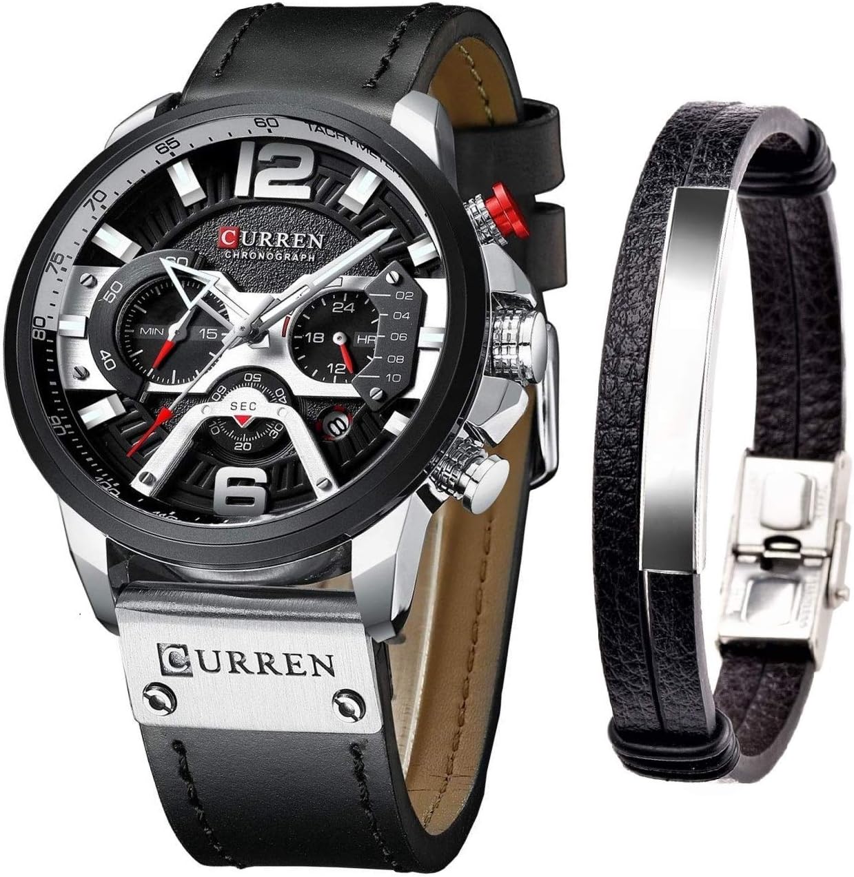 CURREN Orologi da uomo in pelle al quarzo cronografo e braccialetto alla moda set orologi analogici per uomo orologio da polso di lusso regali per papà fidanzato