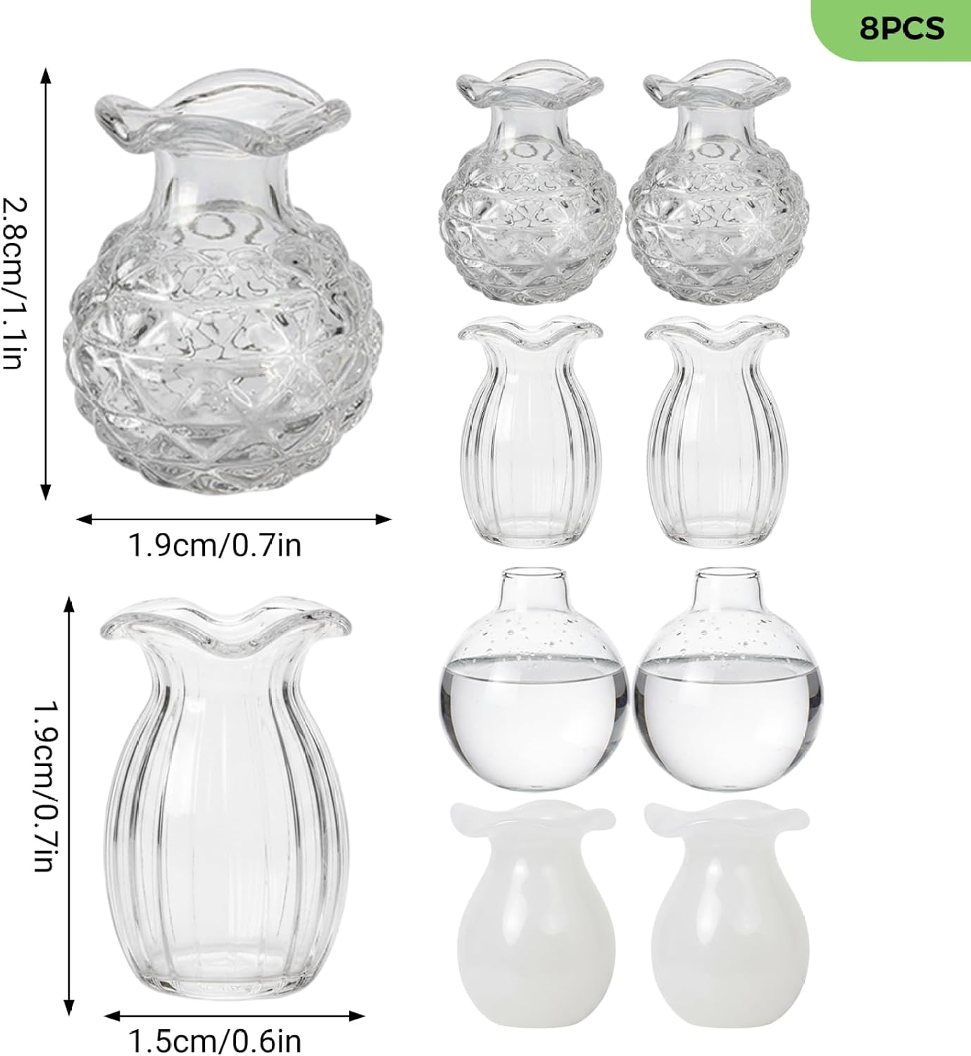 Mini Vaso Magnetico per Frigorifero - Set di 8 graziosi magneti per Frigorifero, Piccoli vasi in Vetro Trasparente per Fiori secchi, Appunti e Foto, Decorazioni Creative per Cucina e Ufficio