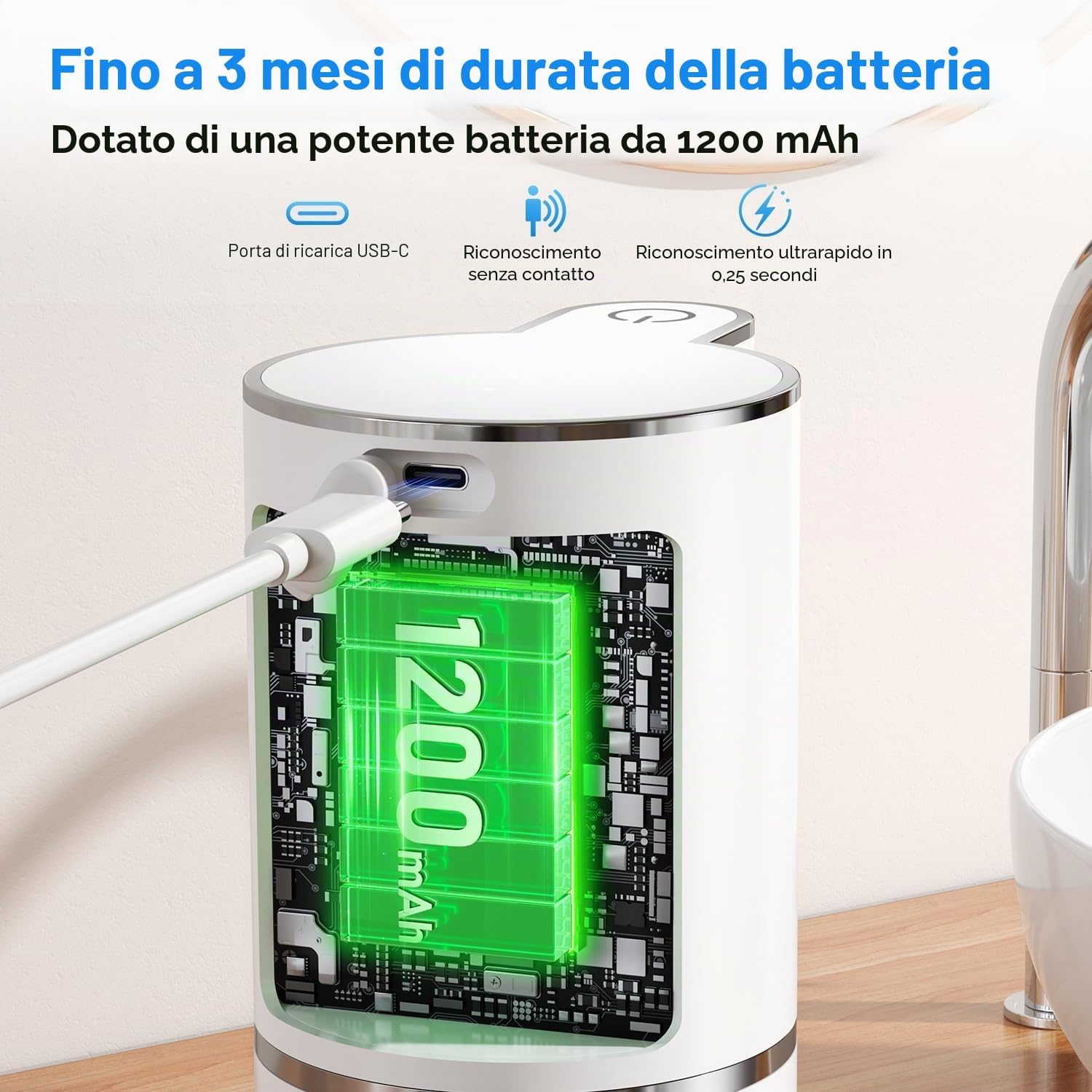 Dispenser di sapone automatico per schiuma, senza contatto, con sensore, 380 ml, montaggio a parete, ricaricabile tramite USB, IPX5, regolabile in 4 livelli, per bagno e cucina, bianco
