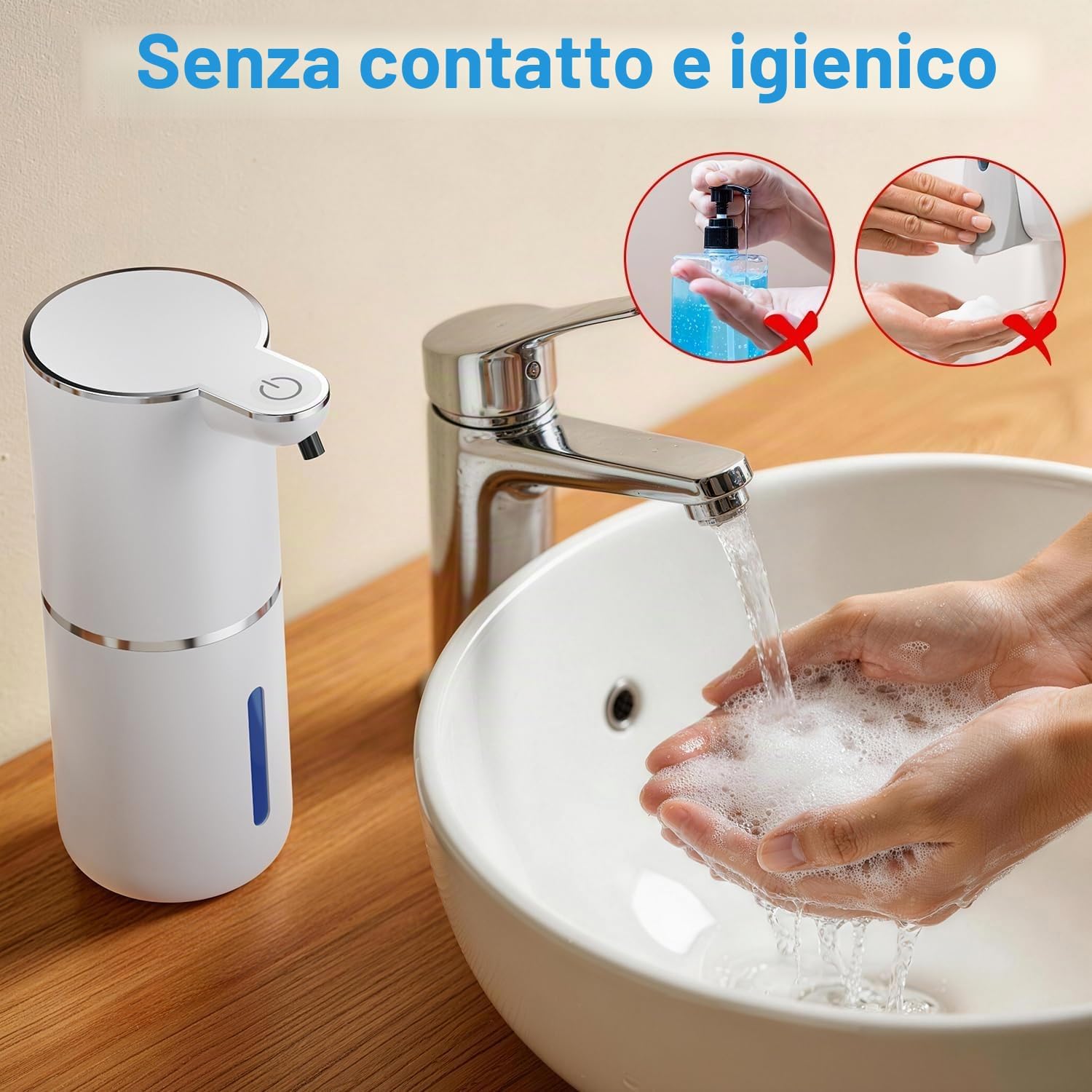 Dispenser di sapone automatico per schiuma, senza contatto, con sensore, 380 ml, montaggio a parete, ricaricabile tramite USB, IPX5, regolabile in 4 livelli, per bagno e cucina, bianco