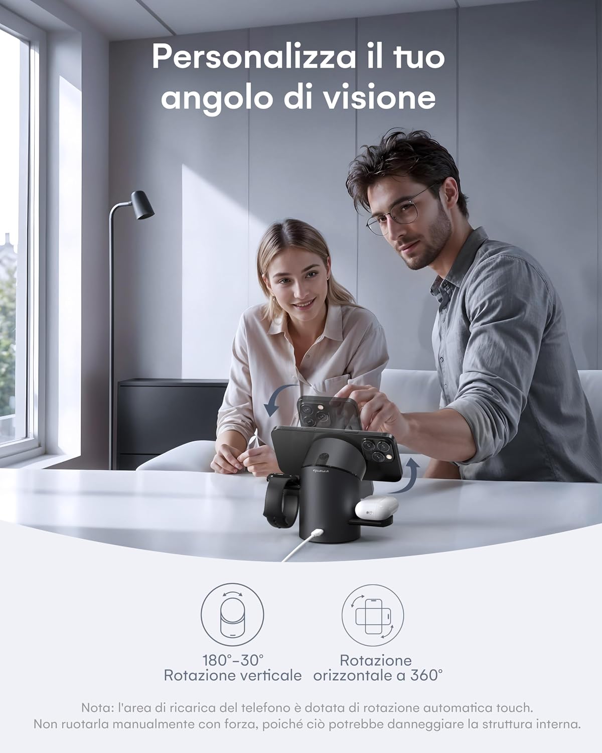 ZEEHOO - Stazione di ricarica wireless CylinTrick-R da 15 W, stazione di ricarica 3 in 1, per Apple Watch, per iPhone, per AirPods (adattatore per caricabatterie da 30 W incluso)