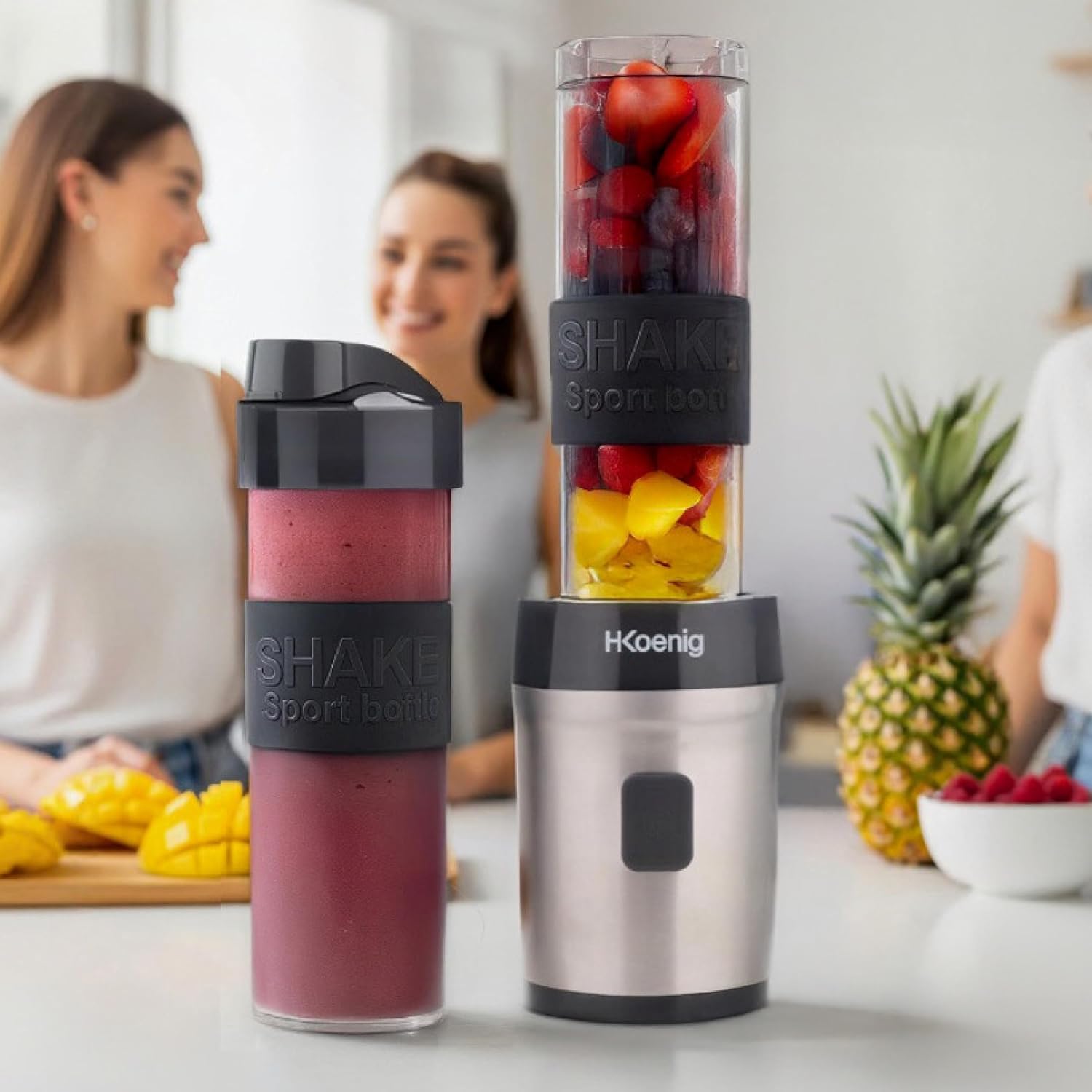 H.Koenig Mini frullatore SMOO9 Smoothie Maker, 570mL, 300W, 4 lame in acciaio inox, senza BPA, 2 bottiglie portatili da viaggio, frullati e frappé, Grigio