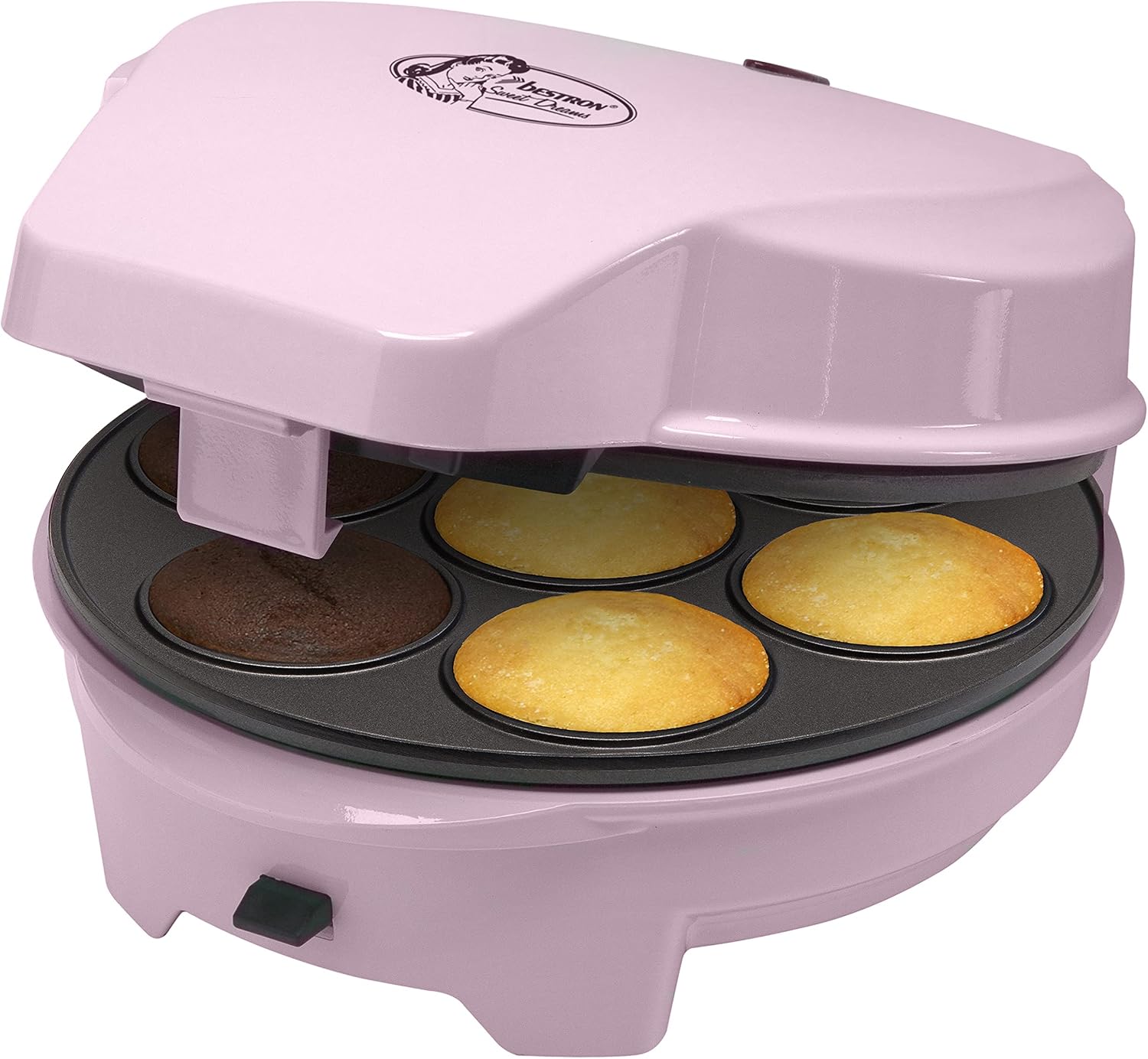 Bestron Macchina per Donut 3 in 1 Design Retrò con 3 Piastre Intercambiabili per Donut, Muffin e Cake Pop, Antiaderente, 700 W, Salvaspazio, Rosa, ASW238P