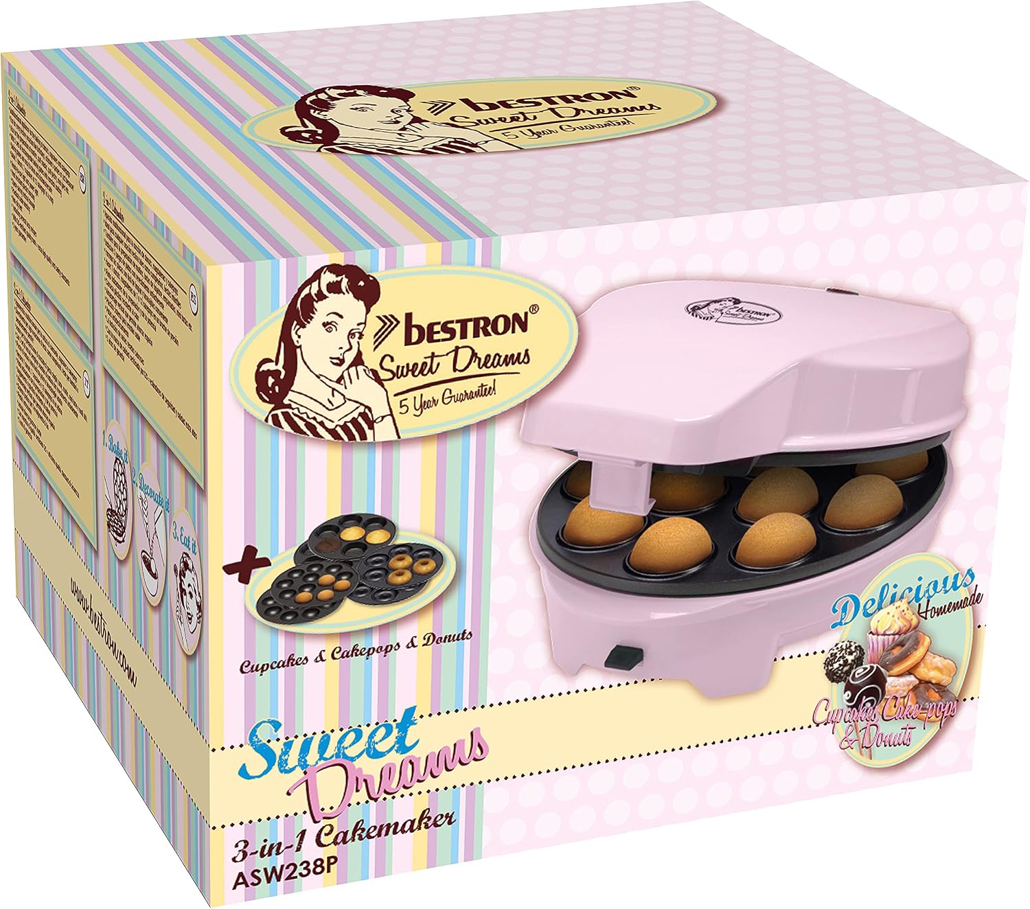 Bestron Macchina per Donut 3 in 1 Design Retrò con 3 Piastre Intercambiabili per Donut, Muffin e Cake Pop, Antiaderente, 700 W, Salvaspazio, Rosa, ASW238P