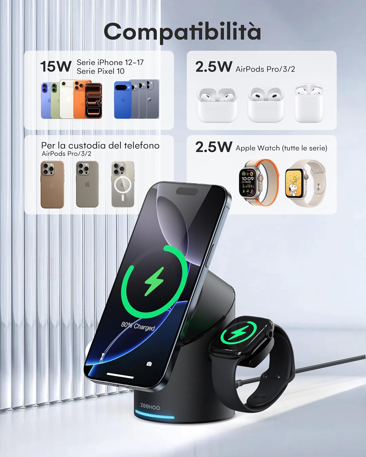ZEEHOO CylinTrick-R – Stazione di Ricarica Wireless 3 in 1 da 15 W