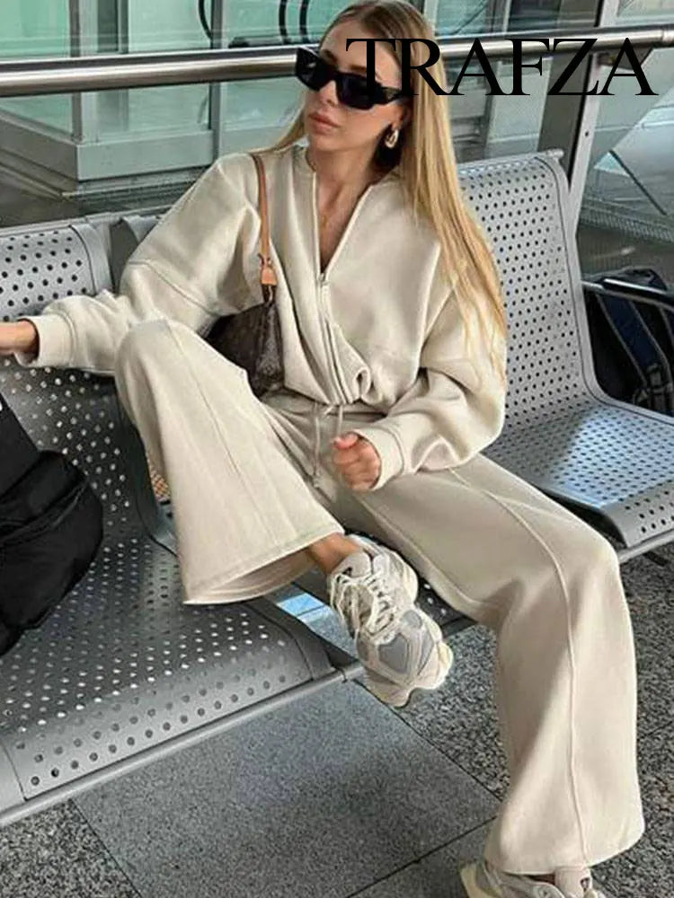 HH Women's Fall 2-Piece Retro Solid Color Zip Bomber Jacket Sweatshirt+High Waist Lace Up Women's Wide Leg Pants Street Wear