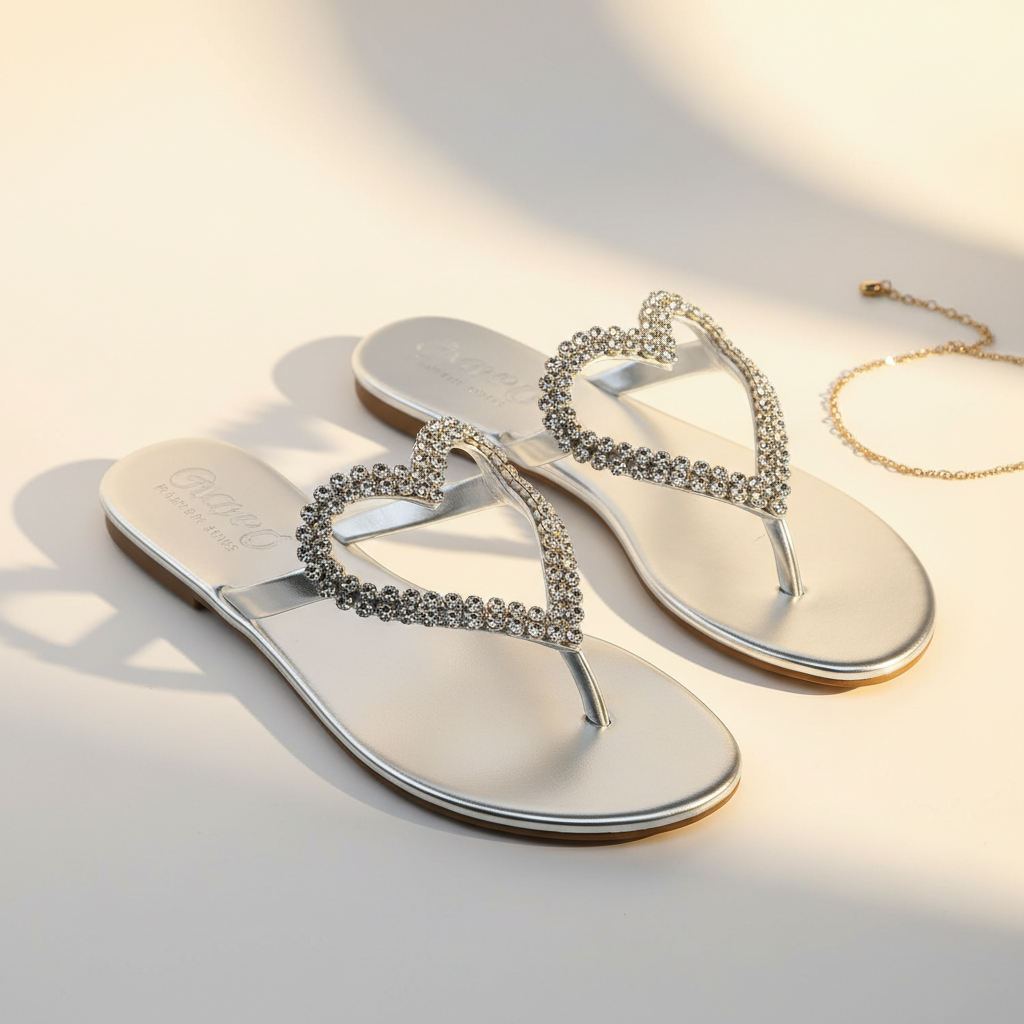 Infradito argento con strass a cuore su sfondo bianco